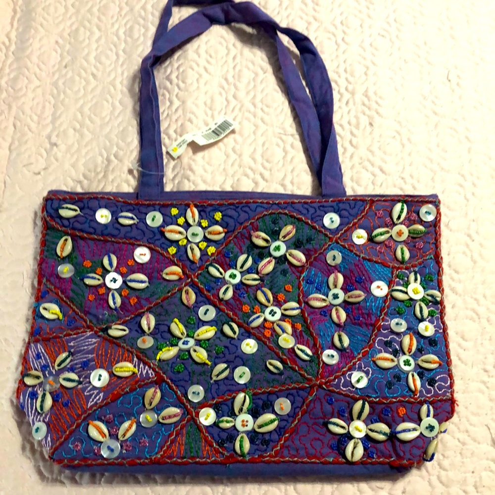 NWT fabric purse with shells/braid/bead/embroidery